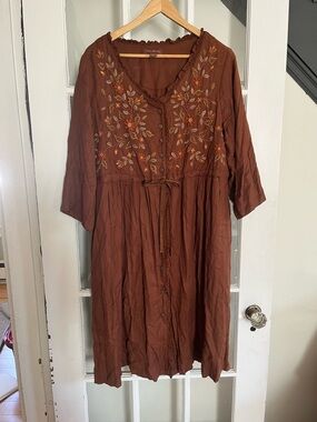 April Cornell Rust Brown Embroidered Button-Front Midi Dress